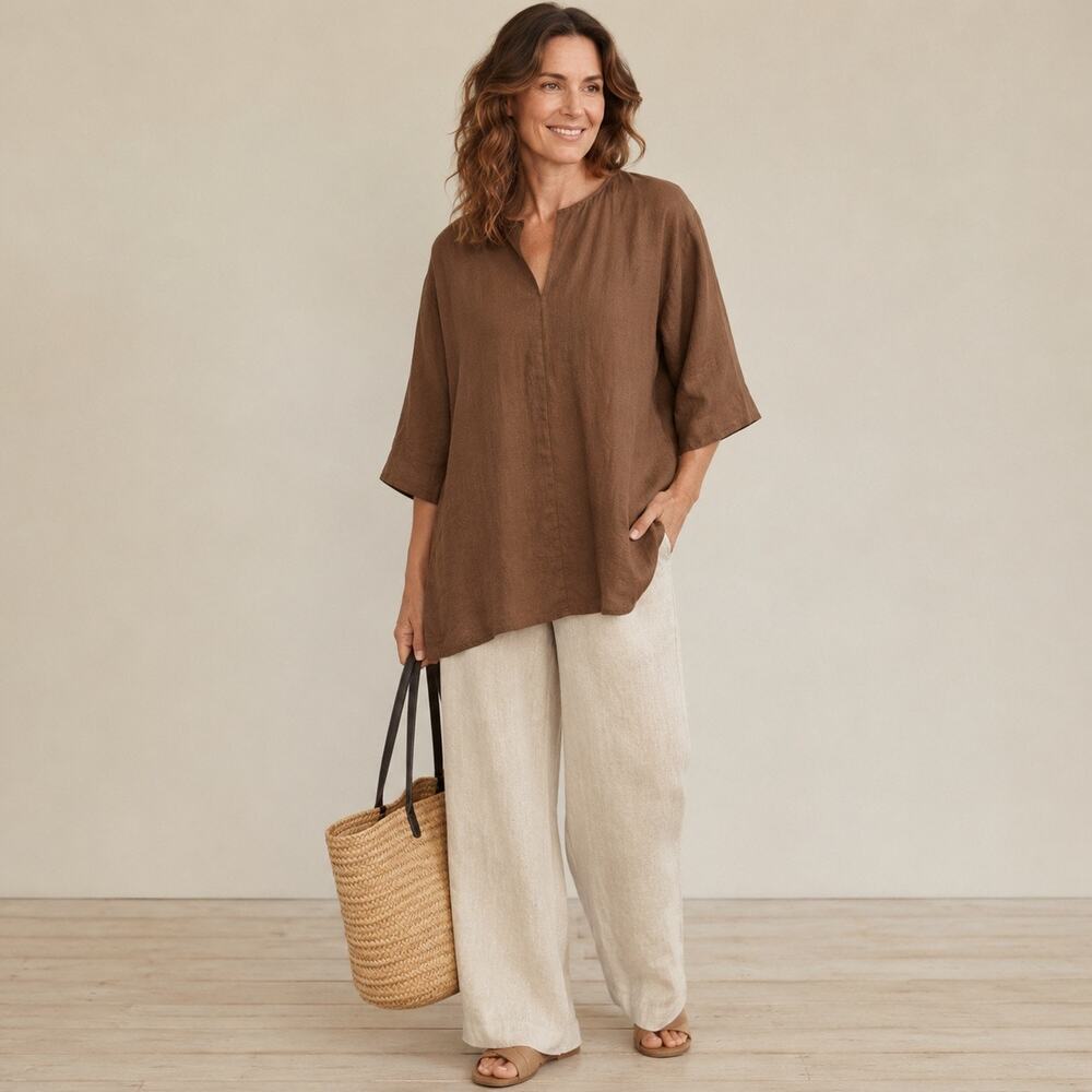 Eileen Fisher 100% Organic Linen Brown Tunic/Blouse SzM Art To Wear